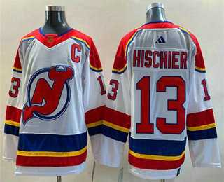 Mens New Jersey Devils #13 Nico Hischier White 2022 Reverse Retro Stitched Jersey